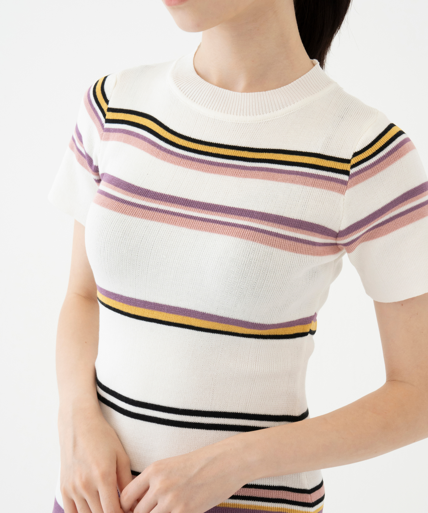 半袖ニットマルチボーダーワンピース BYロゴ WHITE