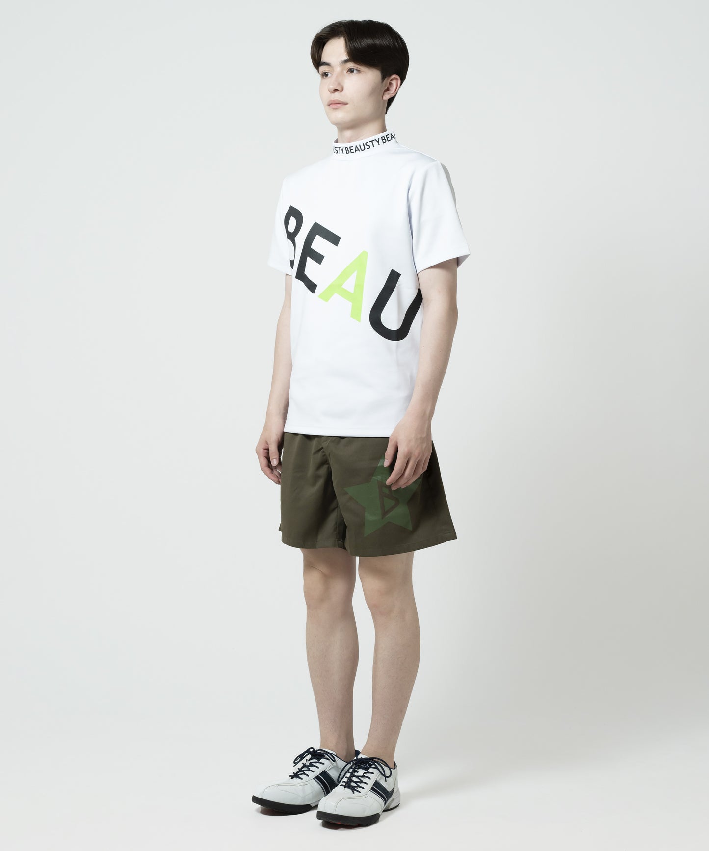 BEAUSTY ビッグ ロゴ モックネック Tシャツ WHITE